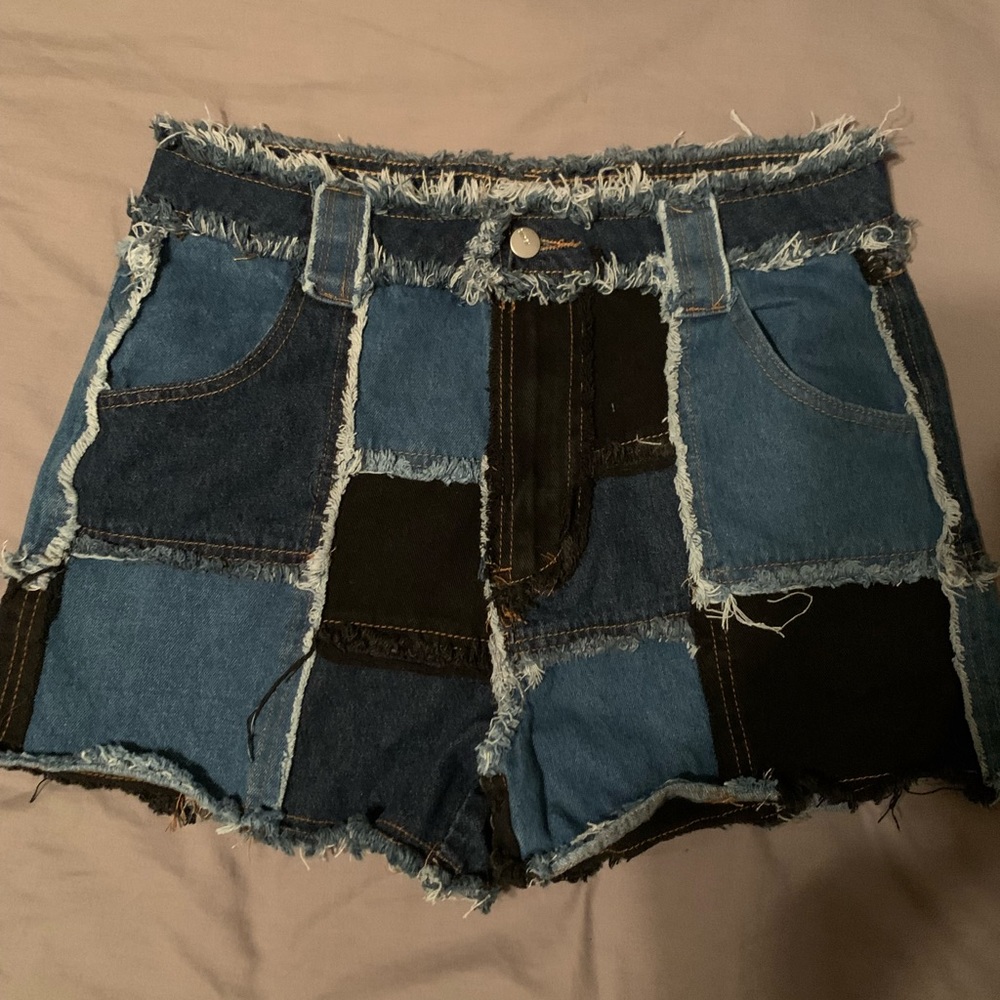 Colorblock jean shorts